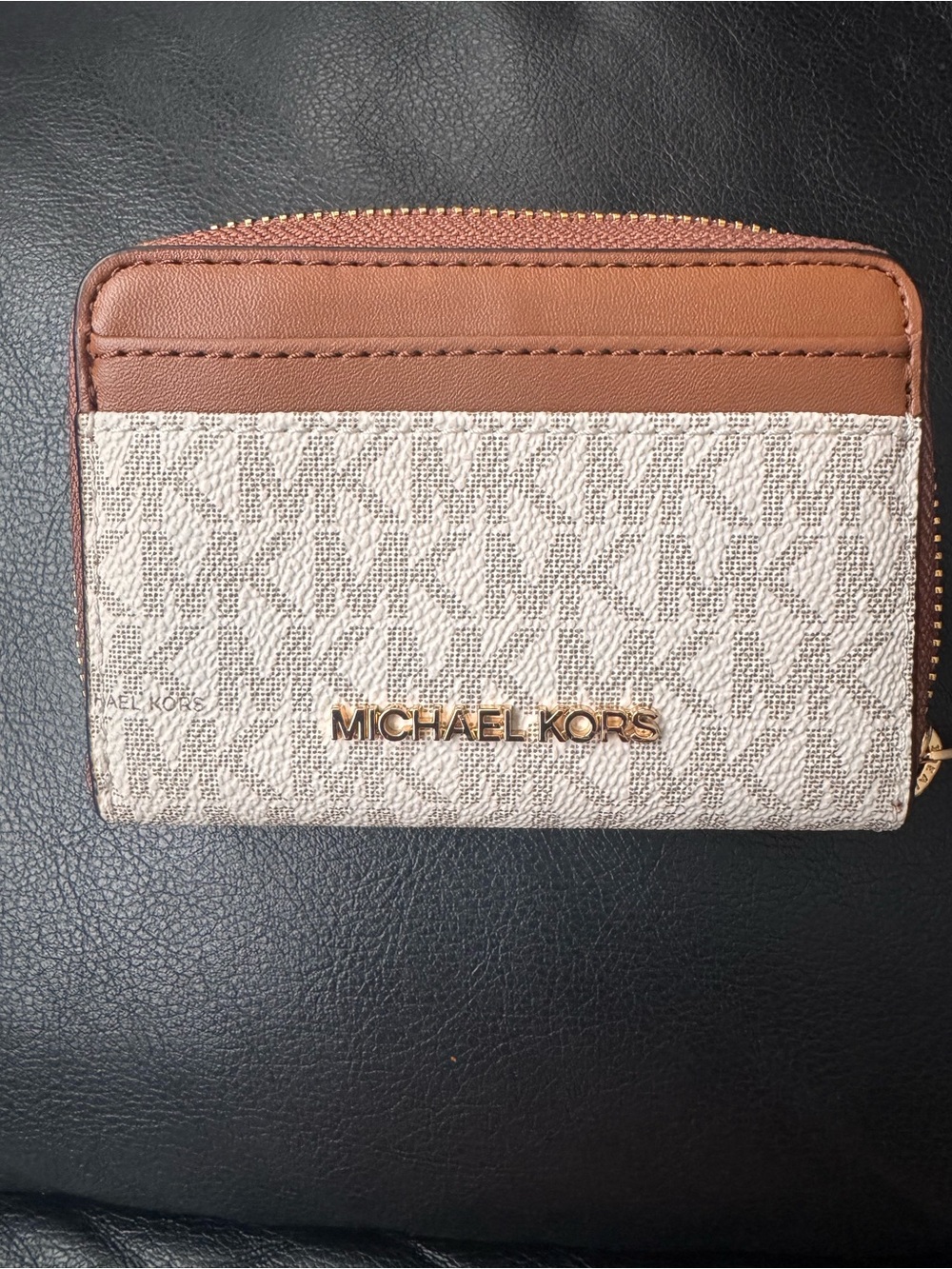 NEW Michael Kors Beige Canvas and Brown Leather Zip Card Case with Gold Logo